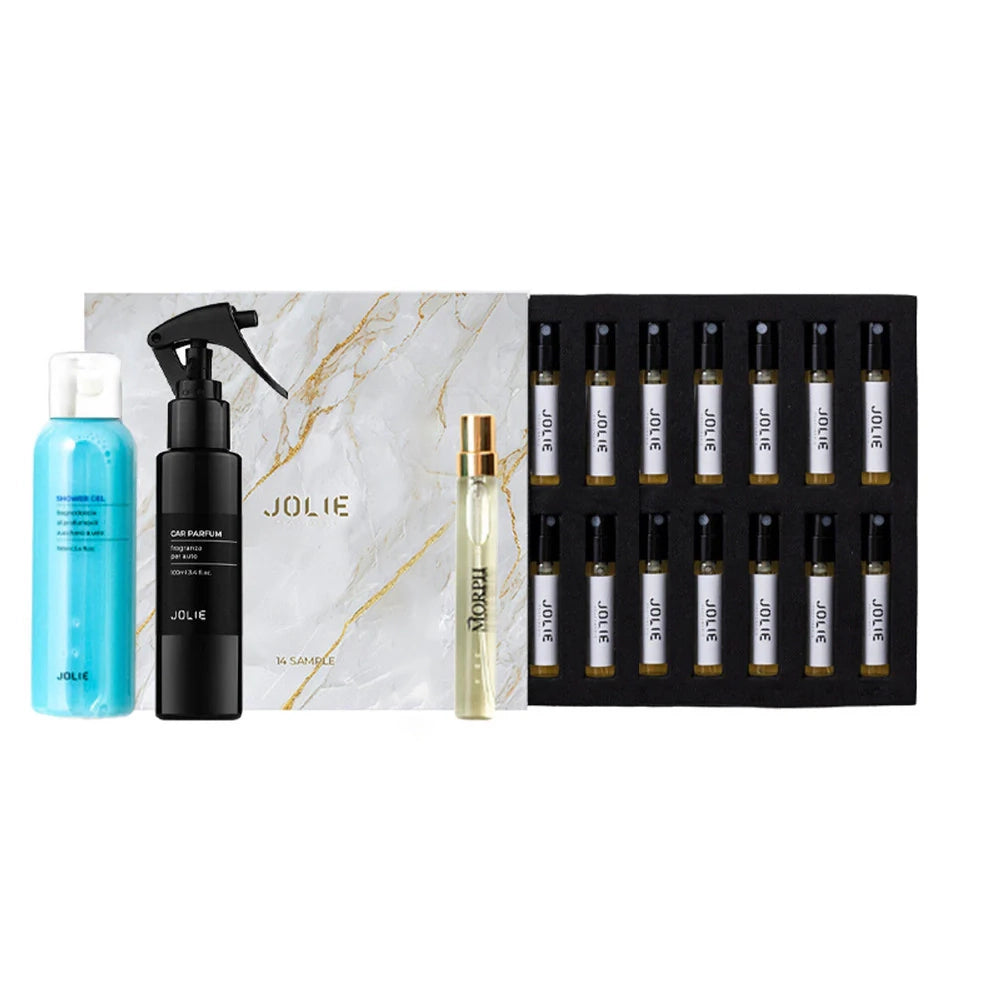 Kit Omaggio da 14 Campioncini da 2 ml + 1 Shower Gel Jolie da 100 ml + 1 Car Parfum Spray Jolie da 100ml + 1 Profumo da Viaggio Spray da 8 ml